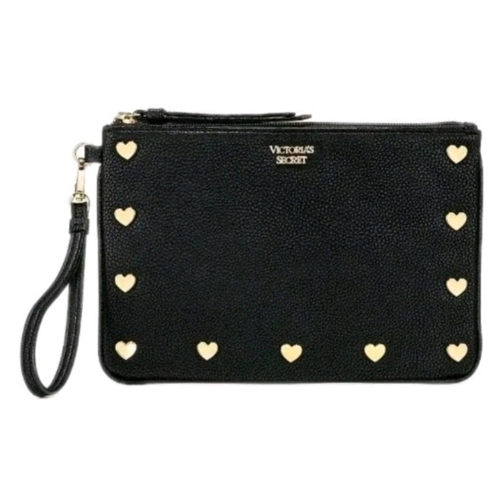 Victoria's Secret Wristlet Purse Bag Black with Gold Hearts NWT!